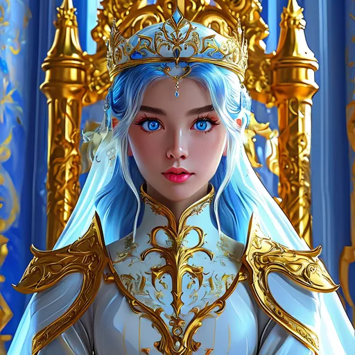 Prompt: Full body visible, oil painting, D&D Fantasy, young 25 years old girl, ((beautiful detailed face and Blue anime eyes)), Warrior, straitened brilliant Bright Blonde hair, Regal Noble Determined grin, looking at the viewer, Regal intricate detailed Golden and White Queen's full plate armour with a small golden crown and a Royal white cape, intricate hyper detailed hair, intricate hyper detailed eyelashes, intricate hyper detailed shining pupils, #3238, UHD, hd , 8k eyes, detailed face, big anime dreamy eyes, 8k eyes, intricate details, insanely detailed, masterpiece, cinematic lighting, 8k, complementary colours, golden ratio, octane render, volumetric lighting, unreal 5, artwork, concept art, cover, top model, light on hair colourful glamorous hyper detailed ((Queen's Throne room background)), intricate hyper detailed ((Queens's Throne room background)), ultra-fine details, hyper-focused, deep colors, dramatic lighting, ambient lighting