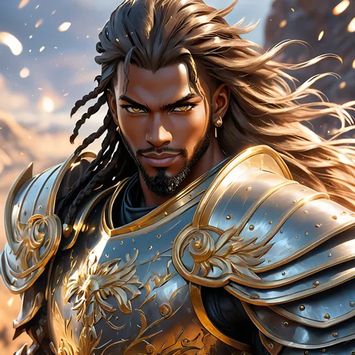 Prompt: Full Body, oil painting, fantasy, black man with dark skin, shaved head with vibrant light hazel eyes, ((handsome detailed face and eyes)), big smile, ((no beard)), large muscles warrior wearing armor ((wielding a large Glaive with both hands)), intricate hyper detailed hair, intricate hyper detailed eyelashes, intricate hyper detailed shining pupils #3238, UHD, hd , 8k eyes, detailed face, big anime dreamy eyes, 8k eyes, intricate details, insanely detailed, masterpiece, cinematic lighting, 8k, complementary colors, golden ratio, octane render, volumetric lighting, unreal 5, artwork, concept art, cover, top model, light on hair colorful glamourous hyperdetailed, ultra-fine details, intricate detailed battlefield background, hyper-focused, deep colors, dramatic lighting, ambient lighting god rays | by sakimi chan, artgerm, wlop, pixiv, tumblr, instagram, deviantart