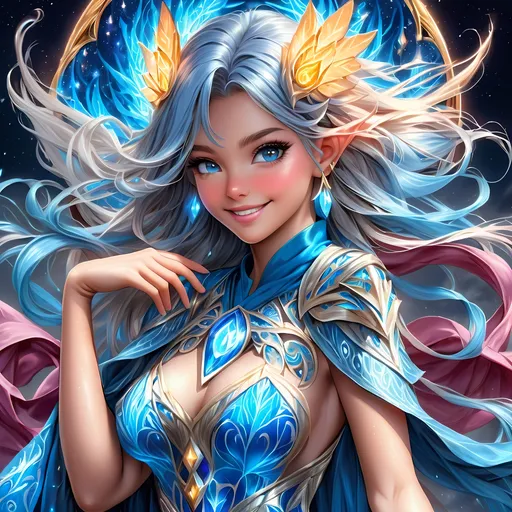 Prompt: Full body, oil painting, fantasy, Pixie girl, tanned-skinned-female, ((beautiful detailed face and glowing blue anime eyes)), bright straight blue hair, rosy cheeks, smiling, looking at the viewer, Elemental sorceress wearing intricate detailed blue robes casting a spell, intricate hyper detailed hair, intricate hyper detailed eyelashes, intricate hyper detailed shining pupils #3238, UHD, hd , 8k eyes, detailed face, big anime dreamy eyes, 8k eyes, intricate details, insanely detailed, masterpiece, cinematic lighting, 8k, complementary colors, golden ratio, octane render, volumetric lighting, unreal 5, artwork, concept art, cover, top model, light on hair colorful glamourous hyperdetailed forest background at night with stars, intricate hyperdetailed breathtaking colorful glamorous scenic view landscape, ultra-fine details, hyper-focused, deep colors, dramatic lighting, ambient lighting god rays, | by sakimi chan, artgerm, wlop, pixiv, tumblr, instagram, deviantart