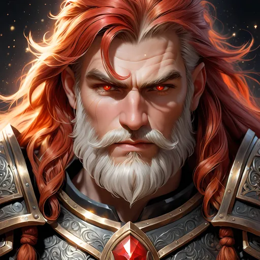 Prompt: Full body visible, oil painting, D&D fantasy, older years old ((Male)) Gold Dwarf, ((dwarf build, rugged older detailed face and hazel eyes)), Cleric, ((Short, stocky, slightly chubby, broad shoulders)), long straight bright red hair, long bright red Dwarven beard, short pointed ears, determined look, looking at the viewer, intricate detailed black magical armour and using a large metal shield, intricate hyper detailed hair, intricate hyper detailed eyelashes, intricate hyper detailed shining pupils, #3238, UHD, hd , 8k eyes, detailed face, big anime dreamy eyes, 8k eyes, intricate details, insanely detailed, masterpiece, cinematic lighting, 8k, complementary colors, golden ratio, octane render, volumetric lighting, unreal 5, artwork, concept art, cover, top model, light on hair colorful glamourous hyperdetailed plains battlefield background, intricate hyperdetailed plains battlefield background, ultra-fine details, hyper-focused, deep colors, dramatic lighting, ambient lighting | by sakimi chan, artgerm, wlop, pixiv, tumblr, instagram, deviantart
