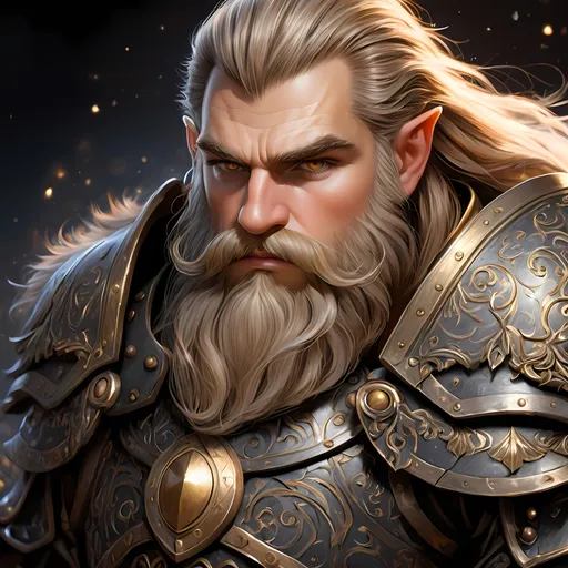Prompt: Full body visible, oil painting, D&D fantasy, older years old ((Male)) Gold Dwarf, ((dwarf build, rugged older detailed face and hazel eyes)), Cleric, ((Short, stocky, slightly chubby, broad shoulders)), long straight light brown hair, long brown Dwarven beard, short pointed ears, determined look, looking at the viewer, intricate detailed black magical armour and using a large metal shield, intricate hyper detailed hair, intricate hyper detailed eyelashes, intricate hyper detailed shining pupils, #3238, UHD, hd , 8k eyes, detailed face, big anime dreamy eyes, 8k eyes, intricate details, insanely detailed, masterpiece, cinematic lighting, 8k, complementary colors, golden ratio, octane render, volumetric lighting, unreal 5, artwork, concept art, cover, top model, light on hair colorful glamourous hyperdetailed plains battlefield background, intricate hyperdetailed plains battlefield background, ultra-fine details, hyper-focused, deep colors, dramatic lighting, ambient lighting | by sakimi chan, artgerm, wlop, pixiv, tumblr, instagram, deviantart