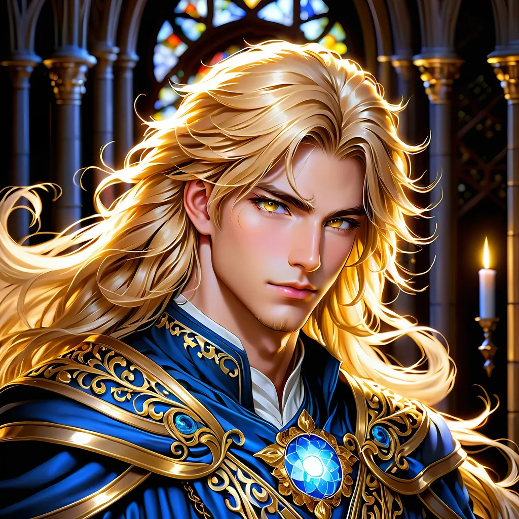 Prompt: Full body visible, oil painting, D&D fantasy, 24 years old ((Male)) Aasimar, ((handsome detailed face and Glowing Gold anime eyes)), long straight golden hair, No Beard, sly devious smile, looking at the viewer, intricate detailed noble clothes, intricate hyper detailed hair, intricate hyper detailed eyelashes, intricate hyper detailed shining pupils, #3238, UHD, hd , 8k eyes, detailed face, big anime dreamy eyes, 8k eyes, intricate details, insanely detailed, masterpiece, cinematic lighting, 8k, complementary colors, golden ratio, octane render, volumetric lighting, unreal 5, artwork, concept art, cover, top model, light on hair colorful glamourous hyperdetailed inside a medieval rich manor house background, intricate hyperdetailed inside a medieval rich manor house background, ultra-fine details, hyper-focused, deep colors, dramatic lighting, ambient lighting | by sakimi chan, artgerm, wlop, pixiv, tumblr, instagram, deviantart