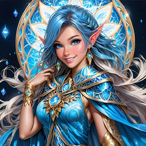 Prompt: Full body, oil painting, fantasy, Pixie girl, tanned-skinned-female, ((beautiful detailed face and glowing blue anime eyes)), bright straight blue hair, rosy cheeks, smiling, looking at the viewer, Elemental sorceress wearing intricate detailed blue robes casting a spell, intricate hyper detailed hair, intricate hyper detailed eyelashes, intricate hyper detailed shining pupils #3238, UHD, hd , 8k eyes, detailed face, big anime dreamy eyes, 8k eyes, intricate details, insanely detailed, masterpiece, cinematic lighting, 8k, complementary colors, golden ratio, octane render, volumetric lighting, unreal 5, artwork, concept art, cover, top model, light on hair colorful glamourous hyperdetailed forest background at night with stars, intricate hyperdetailed breathtaking colorful glamorous scenic view landscape, ultra-fine details, hyper-focused, deep colors, dramatic lighting, ambient lighting god rays, | by sakimi chan, artgerm, wlop, pixiv, tumblr, instagram, deviantart