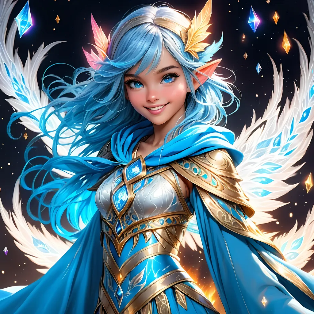 Prompt: Full body, oil painting, D&D fantasy, Very Cute, young 18 year old Pixie girl, tanned-skinned-female, ((beautiful detailed face and glowing blue anime eyes)), bright straight blue hair, rosy cheeks, smiling, Small short pointed ears, looking at the viewer, Elemental sorceress wearing intricate detailed Elemental robes casting a spell, intricate hyper detailed hair, intricate hyper detailed eyelashes, intricate hyper detailed shining pupils #3238, UHD, hd , 8k eyes, detailed face, big anime dreamy eyes, 8k eyes, intricate details, insanely detailed, masterpiece, cinematic lighting, 8k, complementary colors, golden ratio, octane render, volumetric lighting, unreal 5, artwork, concept art, cover, top model, light on hair colorful glamourous hyperdetailed forest background at night with stars, intricate hyperdetailed breathtaking colorful glamorous scenic view landscape, ultra-fine details, hyper-focused, deep colors, dramatic lighting, ambient lighting god rays, | by sakimi chan, artgerm, wlop, pixiv, tumblr, instagram, deviantart