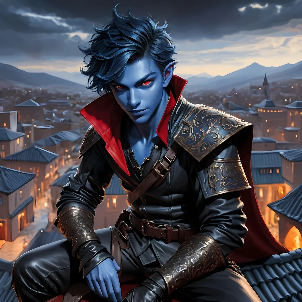 Prompt: Full body visible, oil painting, D&D Fantasy, young 20 years old Tiefling male, ((Fully blue-skinned-Male, blue-skinned-Male)), Thief, ((handsome and boyish detailed face and red eyes)), short tousled black hair, Boyish rogueish grin, looking at the viewer, Black sleek leather clothing wielding an intricate dagger on a rooftop, intricate hyper detailed hair, intricate hyper detailed eyelashes, intricate hyper detailed shining pupils, #3238, UHD, hd , 8k eyes, detailed face, big anime dreamy eyes, 8k eyes, intricate details, insanely detailed, masterpiece, cinematic lighting, 8k, complementary colors, golden ratio, octane render, volumetric lighting, unreal 5, artwork, concept art, cover, top model, light on hair colorful glamourous hyperdetailed rooftop at night background, intricate hyperdetailed rooftop at night background, ultra-fine details, hyper-focused, deep colors, dramatic lighting, ambient lighting | by sakimi chan, artgerm, wlop, pixiv, tumblr, instagram, deviantart