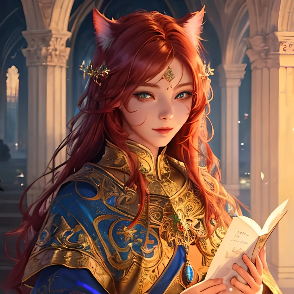 Prompt: oil painting, fantasy, Human girl, tanned-skinned-female, beautiful, red hair, straight hair, cat ears, rosy cheeks, smiling, looking at the viewer| Elemental star cleric wearing intricate glowing blue and white holy robes casting a healing spell, #3238, UHD, hd , 8k eyes, detailed face, big anime dreamy eyes, 8k eyes, intricate details, insanely detailed, masterpiece, cinematic lighting, 8k, complementary colors, golden ratio, octane render, volumetric lighting, unreal 5, artwork, concept art, cover, top model, light on hair colorful glamourous hyperdetailed medieval city background, intricate hyperdetailed breathtaking colorful glamorous scenic view landscape, ultra-fine details, hyper-focused, deep colors, dramatic lighting, ambient lighting god rays, flowers, garden | by sakimi chan, artgerm, wlop, pixiv, tumblr, instagram, deviantart