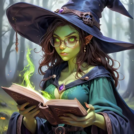 Prompt: Full Body, oil painting, D&D fantasy, very cute, 22 years old half-orc female ((green-skinned-half orc girl)) Witch, green-skinned-female, ((beautiful detailed face and large glowing brown eyes)), Glasses, long rich brown hair, small short pointed ears, ((large tusks)), Determined and concentrating while reading a spell book, intricate detailed shapely ((Dark Blue Witches robes and a black witches hat)), intricate hyper detailed hair, intricate hyper detailed eyelashes, intricate hyper detailed shining pupils #3238, UHD, hd , 8k eyes, detailed face, big anime dreamy eyes, 8k eyes, intricate details, insanely detailed, masterpiece, cinematic lighting, 8k, complementary colors, golden ratio, octane render, volumetric lighting, unreal 5, artwork, concept art, cover, top model, light on hair colorful glamourous hyperdetailed  inside a Wizard tower background, intricate hyperdetailed inside of a Wizard tower background, ultra-fine details, hyper-focused, deep colors, dramatic lighting, ambient lighting god rays, | by sakimi chan, artgerm, wlop, pixiv, tumblr, instagram, deviantart
