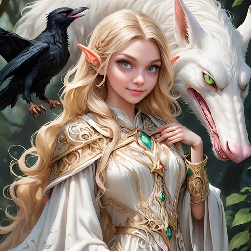 Prompt: Full Body, oil painting, D&D fantasy, very cute, 16 years old half-female ((light-skinned-elf girl)) Witch, light-skinned-female, ((beautiful detailed face and large glowing black eyes)), long rich blonde hair, long elven ears, ((large tusks)), Sad Smiling but Determined while speaking to her raven familiar, intricate detailed shapely ((Bright White Witches robes)), intricate hyper detailed hair, intricate hyper detailed eyelashes, intricate hyper detailed shining pupils #3238, UHD, hd , 8k eyes, detailed face, big anime dreamy eyes, 8k eyes, intricate details, insanely detailed, masterpiece, cinematic lighting, 8k, complementary colors, golden ratio, octane render, volumetric lighting, unreal 5, artwork, concept art, cover, top model, light on hair colorful glamourous hyperdetailed  inside a Wizard tower background, intricate hyperdetailed inside of a Wizard tower background, ultra-fine details, hyper-focused, deep colors, dramatic lighting, ambient lighting god rays, | by sakimi chan, artgerm, wlop, pixiv, tumblr, instagram, deviantart