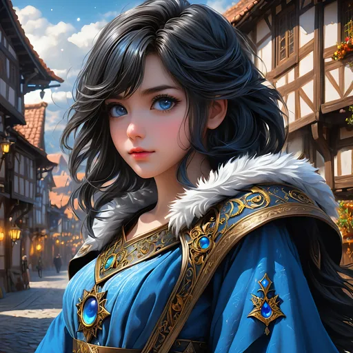 Prompt: Full body visible, oil painting, young 20 years old girl, blue-skinned-female, fair skinned beauty, ((beautiful detailed face and anime eyes)), short dark black hair, grinning and pondering the universe, looking into the distance, intricate detailed wizard outfit, intricate hyper detailed hair, intricate hyper detailed eyelashes, intricate hyper detailed shining pupils, #3238, UHD, hd , 8k eyes, detailed face, big anime dreamy eyes, 8k eyes, intricate details, insanely detailed, masterpiece, cinematic lighting, 8k, complementary colors, golden ratio, octane render, volumetric lighting, unreal 5, artwork, concept art, cover, top model, light on hair colorful glamourous hyperdetailed medieval town background, intricate hyperdetailed medieval town background, ultra-fine details, hyper-focused, deep colors, dramatic lighting, ambient lighting | by sakimi chan, artgerm, wlop, pixiv, tumblr, instagram, deviantart