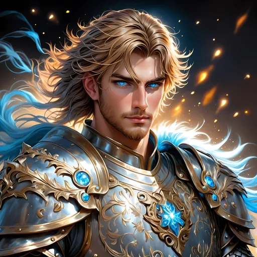 Prompt: Full Body, oil painting, D&D fantasy, a human man with short cropped Dirty Hazel hair tied back with vibrant light blue eyes, ((handsome and rugged detailed face and eyes)), Paladin Knight wearing intricate detailed magical Heavy Plate armour and wielding a large intricately detailed magical glowing Sword, intricate hyper detailed hair, intricate hyper detailed eyelashes, intricate hyper detailed shining pupils #3238, UHD, hd , 8k eyes, detailed face, big anime dreamy eyes, 8k eyes, intricate details, insanely detailed, masterpiece, cinematic lighting, 8k, complementary colors, golden ratio, octane render, volumetric lighting, unreal 5, artwork, concept art, cover, top model, light on hair colorful glamourous hyperdetailed, ultra-fine details, intricate detailed battlefield background, hyper-focused, deep colors, dramatic lighting, ambient lighting god rays | by sakimi chan, artgerm, wlop, pixiv, tumblr, instagram, deviantart