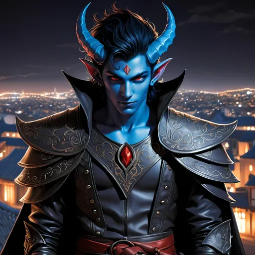 Prompt: Full body visible, oil painting, D&D Fantasy, young 20 years old Tiefling male, ((Fully blue-skinned-Male, blue-skinned-Male)), Thief, ((handsome and boyish detailed face and red eyes, Tiefling horns)), short tousled black hair, Boyish Rogueish grin, looking at the viewer, Black sleek leather clothing wielding an intricate dagger on a rooftop at night, intricate hyper detailed hair, intricate hyper detailed eyelashes, intricate hyper detailed shining pupils, #3238, UHD, hd , 8k eyes, detailed face, big anime dreamy eyes, 8k eyes, intricate details, insanely detailed, masterpiece, cinematic lighting, 8k, complementary colors, golden ratio, octane render, volumetric lighting, unreal 5, artwork, concept art, cover, top model, light on hair colorful glamourous hyperdetailed rooftop at night background, intricate hyperdetailed rooftop at night background, ultra-fine details, hyper-focused, deep colors, dramatic lighting, ambient lighting | by sakimi chan, artgerm, wlop, pixiv, tumblr, instagram, deviantart