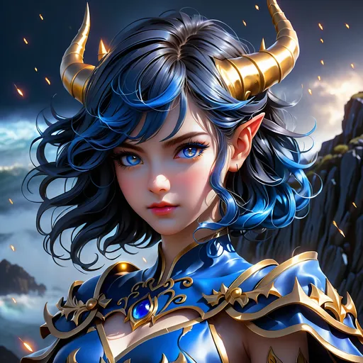 Prompt: Full body visible, oil painting, young 28 years old succubus demon girl, light-skinned-female, archer, ((beautiful detailed face and glowing anime eyes)), short royal blue hair, rosy cheeks, short Black demon horns, sad smile, looking at the viewer, intricate detailed Leather adventurers outfit, intricate hyper detailed hair, intricate hyper detailed eyelashes, intricate hyper detailed shining pupils, #3238, UHD, hd , 8k eyes, detailed face, big anime dreamy eyes, 8k eyes, intricate details, insanely detailed, masterpiece, cinematic lighting, 8k, complementary colors, golden ratio, octane render, volumetric lighting, unreal 5, artwork, concept art, cover, top model, light on hair colorful glamourous hyperdetailed standing on a cliff in a storm background, intricate hyperdetailed battlefield, ultra-fine details, hyper-focused, deep colors, dramatic lighting, ambient lighting | by sakimi chan, artgerm, wlop, pixiv, tumblr, instagram, deviantart
