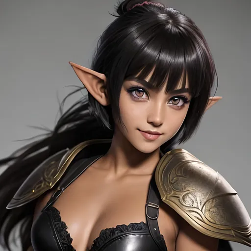 Prompt: masterpiece, splash art, ink painting, beautiful pop idol, D&D fantasy, (23 years old) lightly tanned-skinned hobbit girl, ((beautiful detailed face and large eyes)), mischievous grin, dark pixie cut hair, short small pointed ears, serious expression looking at the viewer, wearing detailed leather armor and wielding a dagger #3238, UHD, hd , 8k eyes, detailed face, big anime dreamy eyes, 8k eyes, intricate details, insanely detailed, masterpiece, cinematic lighting, 8k, complementary colors, golden ratio, octane render, volumetric lighting, unreal 5, artwork, concept art, cover, top model, light on hair colorful glamourous hyperdetailed medieval city background, intricate hyperdetailed breathtaking colorful glamorous scenic view landscape, ultra-fine details, hyper-focused, deep colors, dramatic lighting, ambient lighting god rays, flowers, garden | by sakimi chan, artgerm, wlop, pixiv, tumblr, instagram, deviantart