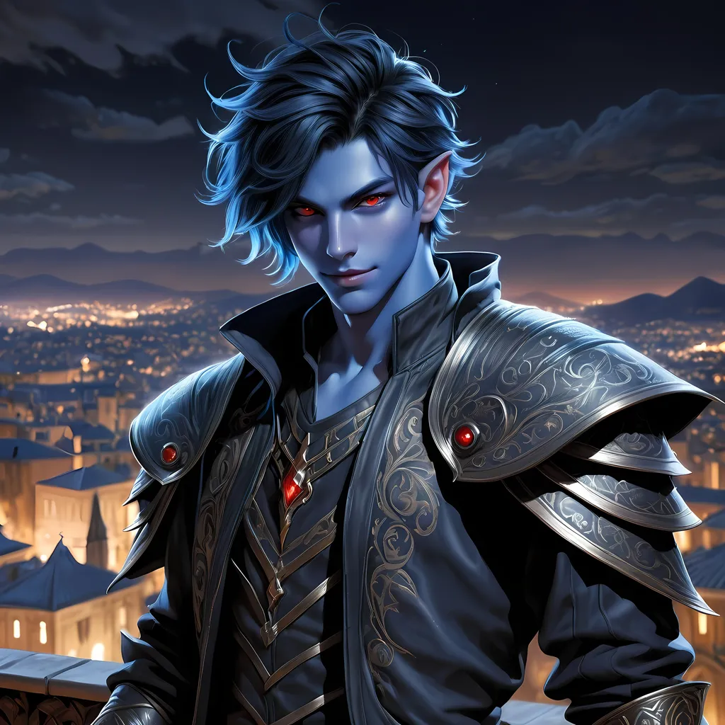 Prompt: Full body visible, oil painting, D&D Fantasy, young 20 years old Tiefling male, ((Fully blue-skinned-Male, blue-skinned-Male)), Thief, ((handsome and boyish detailed face and red eyes)), short tousled black hair, Boyish rogueish grin, looking at the viewer, Black sleek leather clothing wielding an intricate dagger on a rooftop at night, intricate hyper detailed hair, intricate hyper detailed eyelashes, intricate hyper detailed shining pupils, #3238, UHD, hd , 8k eyes, detailed face, big anime dreamy eyes, 8k eyes, intricate details, insanely detailed, masterpiece, cinematic lighting, 8k, complementary colors, golden ratio, octane render, volumetric lighting, unreal 5, artwork, concept art, cover, top model, light on hair colorful glamourous hyperdetailed rooftop at night background, intricate hyperdetailed rooftop at night background, ultra-fine details, hyper-focused, deep colors, dramatic lighting, ambient lighting | by sakimi chan, artgerm, wlop, pixiv, tumblr, instagram, deviantart