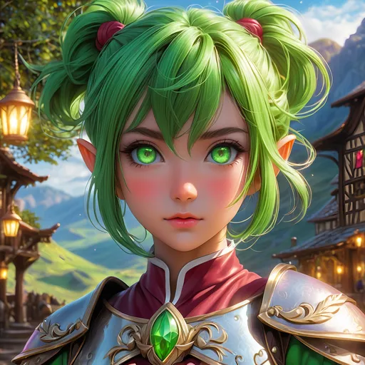 Prompt: Full body, oil painting, D&D fantasy, tanned-skinned-gnome girl, tanned-skinned-female, ((tiny short petite body)), ((beautiful detailed face and glowing anime green eyes)), very cute, determined look, short bright purple hair, ponytail, pointed ears, looking at the viewer, Ranger wearing intricate red and green adventurer's leather, intricate hyper detailed hair, intricate hyper detailed eyelashes, intricate hyper detailed shining pupils #3238, UHD, hd , 8k eyes, detailed face, big anime dreamy eyes, 8k eyes, intricate details, insanely detailed, masterpiece, cinematic lighting, 8k, complementary colors, golden ratio, octane render, volumetric lighting, unreal 5, artwork, concept art, cover, top model, light on hair colorful glamourous hyperdetailed medieval tavern background, intricate hyperdetailed breathtaking colorful glamorous scenic view landscape, ultra-fine details, hyper-focused, deep colors, dramatic lighting, ambient lighting god rays | by sakimi chan, artgerm, wlop, pixiv, tumblr, instagram, deviantart