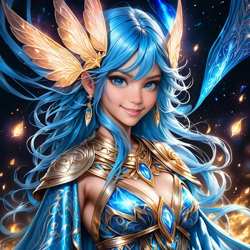 Prompt: Full body, oil painting, fantasy, Pixie girl, tanned-skinned-female, ((beautiful detailed face and glowing blue anime eyes)), bright straight blue hair, rosy cheeks, smiling, looking at the viewer, Elemental sorceress wearing intricate detailed blue robes casting a spell, intricate hyper detailed hair, intricate hyper detailed eyelashes, intricate hyper detailed shining pupils #3238, UHD, hd , 8k eyes, detailed face, big anime dreamy eyes, 8k eyes, intricate details, insanely detailed, masterpiece, cinematic lighting, 8k, complementary colors, golden ratio, octane render, volumetric lighting, unreal 5, artwork, concept art, cover, top model, light on hair colorful glamourous hyperdetailed forest background at night with stars, intricate hyperdetailed breathtaking colorful glamorous scenic view landscape, ultra-fine details, hyper-focused, deep colors, dramatic lighting, ambient lighting god rays, | by sakimi chan, artgerm, wlop, pixiv, tumblr, instagram, deviantart
