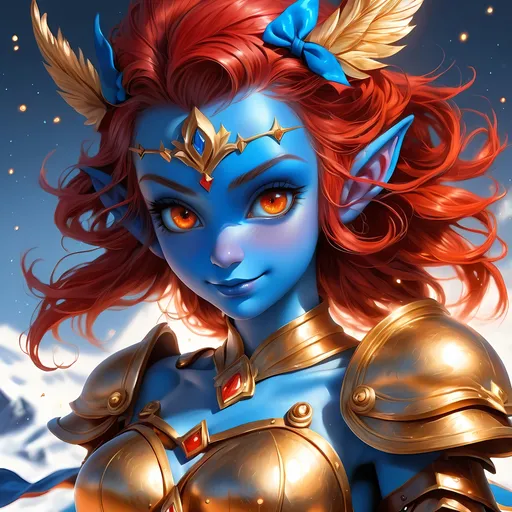 Prompt: Full body visible, oil painting, D&D Fantasy, young 20 years old Gnome girl, ((Fully blue-skinned-female, blue-skinned-female, Blue elf ears)), ((beautiful detailed face and glowing gold anime eyes)), short dyed Vibrant brilliant fiery red hair with brilliant blue highlights and extra long sideburns, predatory grin, looking at the viewer, Cleavage, perky, real, Brown leather armour with a bow, intricate hyper detailed hair, intricate hyper detailed eyelashes, intricate hyper detailed shining pupils, #3238, UHD, hd , 8k eyes, detailed face, big anime dreamy eyes, 8k eyes, intricate details, insanely detailed, masterpiece, cinematic lighting, 8k, complementary colors, golden ratio, octane render, volumetric lighting, unreal 5, artwork, concept art, cover, top model, light on hair colorful glamourous hyperdetailed cave background, intricate hyperdetailed cave background, ultra-fine details, hyper-focused, deep colors, dramatic lighting, ambient lighting | by sakimi chan, artgerm, wlop, pixiv, tumblr, instagram, deviantart