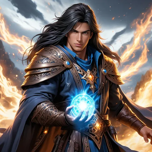 Prompt: Full Body visible, Side Profile, fantasy, tanned-skinned-human ((Male)), tanned-skinned-male, ((handsome detailed face and eyes)) Wziard, Young rugged face, long bright Black hair, and with vibrant Brown eyes with a very stern and serious face looking at the viewer, wearing adventurer's intricate Wizard Robes standing casting a powerful spell on a battlefield surrounded by the dead, intricate hyper detailed hair, intricate hyper detailed eyelashes, intricate hyper detailed shining pupils #3238, UHD, hd , 8k eyes, detailed face, big anime dreamy eyes, 8k eyes, intricate details, insanely detailed, masterpiece, cinematic lighting, 8k, complementary colours, golden ratio, octane render, volumetric lighting, unreal 5, artwork, concept art, cover, top model, light on hair colourful glamorous hyper detailed, intricate hyper detailed breathtaking colourful glamorous scenic view landscape, ultra-fine details, hyper-focused, deep colours, dramatic lighting, ambient lighting god rays,