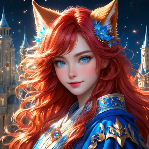 Prompt: full body, oil painting, fantasy, anthropomorphic fox girl, red-furred-female, ((beautiful detailed face and glowing anime blue eyes)) red hair, straight hair, cat ears, rosy cheeks, smiling, looking at the viewer| Elemental star cleric wearing intricate glowing blue and white holy robes casting a healing spell, #3238, UHD, hd , 8k eyes, detailed face, big anime dreamy eyes, 8k eyes, intricate details, insanely detailed, masterpiece, cinematic lighting, 8k, complementary colors, golden ratio, octane render, volumetric lighting, unreal 5, artwork, concept art, cover, top model, light on hair colorful glamourous hyperdetailed medieval city background, intricate hyperdetailed breathtaking colorful glamorous scenic view landscape, ultra-fine details, hyper-focused, deep colors, dramatic lighting, ambient lighting god rays | by sakimi chan, artgerm, wlop, pixiv, tumblr, instagram, deviantart