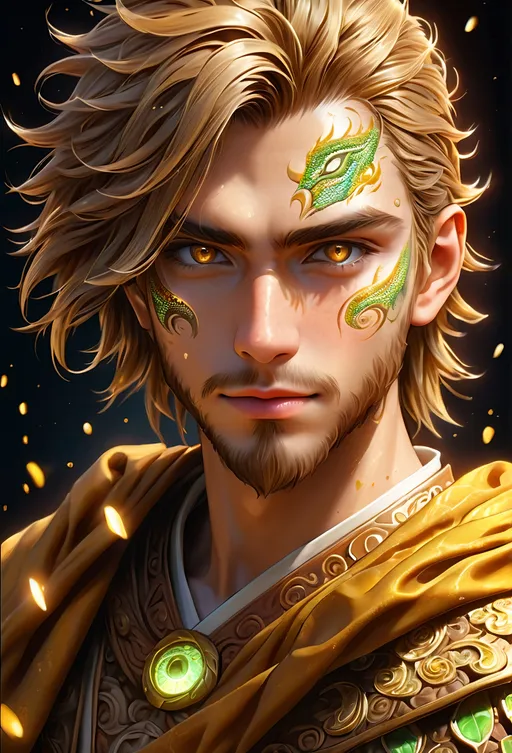 Prompt: Full body visible, oil painting, D&D fantasy, 22 years old mongrel man, ((Left side of the face covered in lizard scales)), ((rugged detailed face and glowing gold anime eyes)), short chestnut hair, wise smile, looking at the viewer, intricate detailed cloth monk robes, intricate hyper detailed hair, intricate hyper detailed eyelashes, intricate hyper detailed shining pupils, #3238, UHD, hd , 8k eyes, detailed face, big anime dreamy eyes, 8k eyes, intricate details, insanely detailed, masterpiece, cinematic lighting, 8k, complementary colors, golden ratio, octane render, volumetric lighting, unreal 5, artwork, concept art, cover, top model, light on hair colorful glamourous hyperdetailed house ruins background, intricate hyperdetailed house ruins background, ultra-fine details, hyper-focused, deep colors, dramatic lighting, ambient lighting | by sakimi chan, artgerm, wlop, pixiv, tumblr, instagram, deviantart