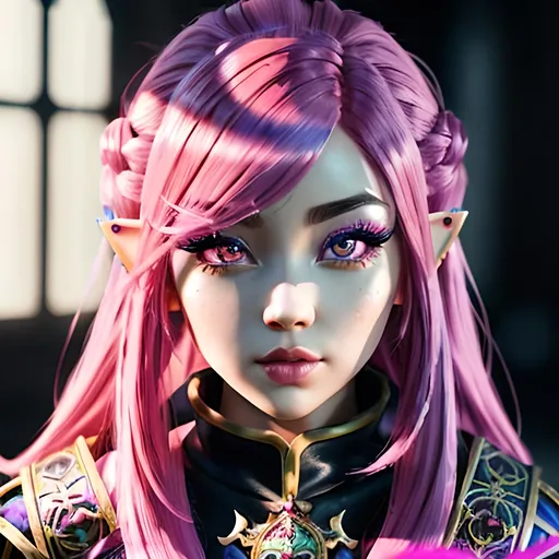 Prompt: masterpiece, splash art, ink painting, beautiful cute D&D fantasy, (23 years old) gnome girl cleric, ((beautiful detailed face and large eyes)), bright pink hair, looking at the viewer, wearing cleric outfit, intricate hyper detailed hair, intricate hyper detailed eyelashes, intricate hyper detailed shining pupils #3238, UHD, hd , 8k eyes, detailed face, big anime dreamy eyes, 8k eyes, intricate details, insanely detailed, masterpiece, cinematic lighting, 8k, complementary colors, golden ratio, octane render, volumetric lighting, unreal 5, artwork, concept art, cover, top model, light on hair colorful glamourous hyperdetailed, intricate hyperdetailed breathtaking colorful glamorous scenic view landscape, ultra-fine details, hyper-focused, deep colors, dramatic lighting, ambient lighting god rays | by sakimi chan, artgerm, wlop, pixiv, tumblr, instagram, deviantart
