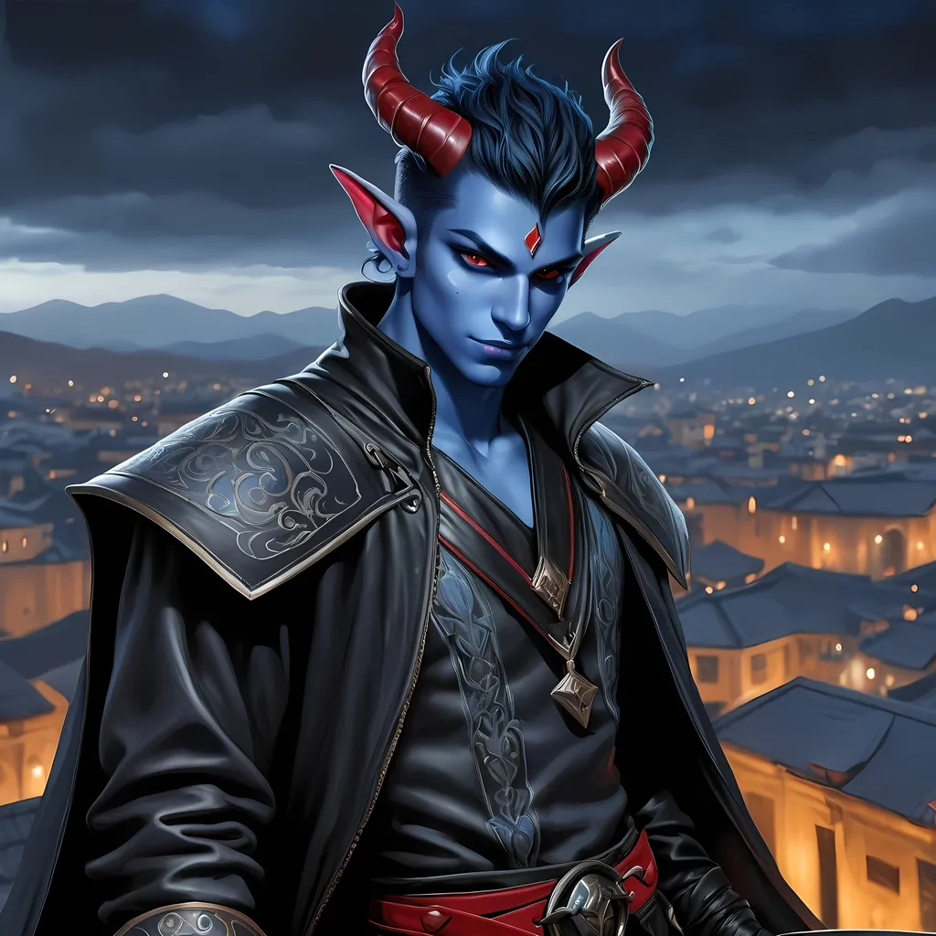 Prompt: Full body visible, oil painting, D&D Fantasy, young 20 years old Tiefling male, ((Fully blue-skinned-Male, blue-skinned-Male)), Thief, ((handsome and boyish detailed face and red eyes, Tiefling horns)), short tousled black hair, Boyish rogueish grin, looking at the viewer, Black sleek leather clothing wielding an intricate dagger on a rooftop at night, intricate hyper detailed hair, intricate hyper detailed eyelashes, intricate hyper detailed shining pupils, #3238, UHD, hd , 8k eyes, detailed face, big anime dreamy eyes, 8k eyes, intricate details, insanely detailed, masterpiece, cinematic lighting, 8k, complementary colors, golden ratio, octane render, volumetric lighting, unreal 5, artwork, concept art, cover, top model, light on hair colorful glamourous hyperdetailed rooftop at night background, intricate hyperdetailed rooftop at night background, ultra-fine details, hyper-focused, deep colors, dramatic lighting, ambient lighting | by sakimi chan, artgerm, wlop, pixiv, tumblr, instagram, deviantart