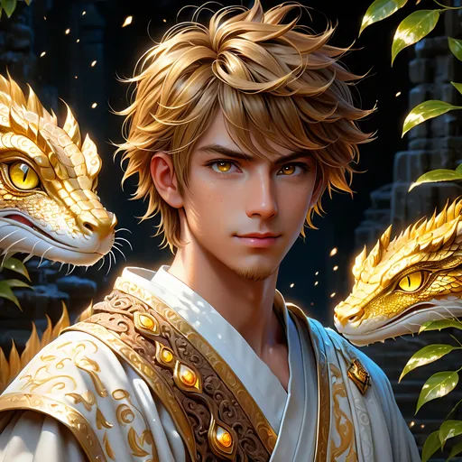 Prompt: Full body visible, oil painting, D&D fantasy, 22 years old mongrel man, ((Left side of the face covered in lizard scales)), ((rugged detailed face and glowing gold anime eyes)), short chestnut hair, wise smile, looking at the viewer, intricate detailed cloth monk robes, intricate hyper detailed hair, intricate hyper detailed eyelashes, intricate hyper detailed shining pupils, #3238, UHD, hd , 8k eyes, detailed face, big anime dreamy eyes, 8k eyes, intricate details, insanely detailed, masterpiece, cinematic lighting, 8k, complementary colors, golden ratio, octane render, volumetric lighting, unreal 5, artwork, concept art, cover, top model, light on hair colorful glamourous hyperdetailed house ruins background, intricate hyperdetailed house ruins background, ultra-fine details, hyper-focused, deep colors, dramatic lighting, ambient lighting | by sakimi chan, artgerm, wlop, pixiv, tumblr, instagram, deviantart