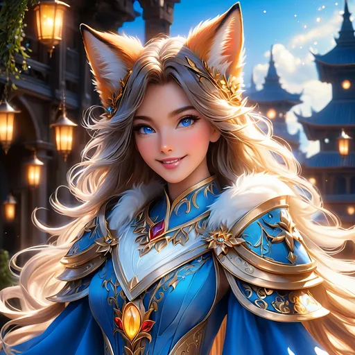 Prompt: full body, oil painting, fantasy, ((anthropomorphic furry fox girl)), tanned-furred-female, ((beautiful detailed face and glowing anime blue eyes)) dark hair, straight hair, fox ears, rosy cheeks, smiling, looking at the viewer| Elemental star wizard wearing intricate glowing blue and white dress casting a spell, #3238, UHD, hd , 8k eyes, detailed face, big anime dreamy eyes, 8k eyes, intricate details, insanely detailed, masterpiece, cinematic lighting, 8k, complementary colors, golden ratio, octane render, volumetric lighting, unreal 5, artwork, concept art, cover, top model, light on hair colorful glamourous hyperdetailed medieval city background, intricate hyperdetailed breathtaking colorful glamorous scenic view landscape, ultra-fine details, hyper-focused, deep colors, dramatic lighting, ambient lighting god rays | by sakimi chan, artgerm, wlop, pixiv, tumblr, instagram, deviantart