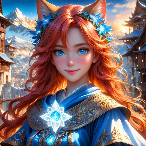 Prompt: full body, oil painting, fantasy, Human girl, tanned-skinned-female, ((beautiful detailed face and glowing anime blue eyes)) red hair, straight hair, cat ears, rosy cheeks, smiling, looking at the viewer| Elemental star cleric wearing intricate glowing blue and white holy robes casting a healing spell, #3238, UHD, hd , 8k eyes, detailed face, big anime dreamy eyes, 8k eyes, intricate details, insanely detailed, masterpiece, cinematic lighting, 8k, complementary colors, golden ratio, octane render, volumetric lighting, unreal 5, artwork, concept art, cover, top model, light on hair colorful glamourous hyperdetailed medieval city background, intricate hyperdetailed breathtaking colorful glamorous scenic view landscape, ultra-fine details, hyper-focused, deep colors, dramatic lighting, ambient lighting god rays | by sakimi chan, artgerm, wlop, pixiv, tumblr, instagram, deviantart