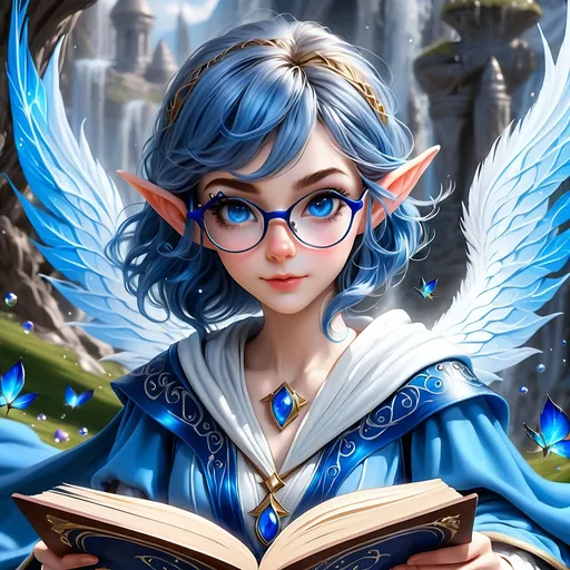 Prompt: Full Body, oil painting, D&D fantasy, very cute, 28 years old elf female ((fair-skinned-elf girl)) wizard, fair-skinned-female, slender, ((beautiful detailed face and large glowing blue eyes)), rosy cheeks, reading glasses, deep sapphire blue hair in a pixie cut, determined look, pointed ears, looking at the viewer, intricate detailed shapely blue and white flowing wizard robes, intricate hyper detailed hair, intricate hyper detailed eyelashes, intricate hyper detailed shining pupils #3238, UHD, hd , 8k eyes, detailed face, big anime dreamy eyes, 8k eyes, intricate details, insanely detailed, masterpiece, cinematic lighting, 8k, complementary colors, golden ratio, octane render, volumetric lighting, unreal 5, artwork, concept art, cover, top model, light on hair colorful glamourous hyperdetailed wizard's study background, intricate hyperdetailed breathtaking wizard's study background, ultra-fine details, hyper-focused, deep colors, dramatic lighting, ambient lighting god rays, | by sakimi chan, artgerm, wlop, pixiv, tumblr, instagram, deviantart