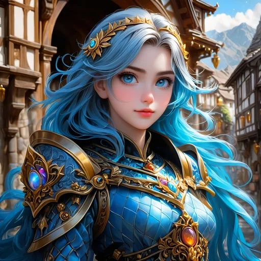 Prompt: Full body visible, oil painting, young 20 years old girl, blue-skinned-female, fair skinned beauty, ((beautiful detailed face and anime eyes)), short dark black spikey hair, grinning and pondering the universe, looking into the distance, intricate detailed wizard outfit, intricate hyper detailed hair, intricate hyper detailed eyelashes, intricate hyper detailed shining pupils, #3238, UHD, hd , 8k eyes, detailed face, big anime dreamy eyes, 8k eyes, intricate details, insanely detailed, masterpiece, cinematic lighting, 8k, complementary colors, golden ratio, octane render, volumetric lighting, unreal 5, artwork, concept art, cover, top model, light on hair colorful glamourous hyperdetailed medieval town background, intricate hyperdetailed medieval town background, ultra-fine details, hyper-focused, deep colors, dramatic lighting, ambient lighting | by sakimi chan, artgerm, wlop, pixiv, tumblr, instagram, deviantart
