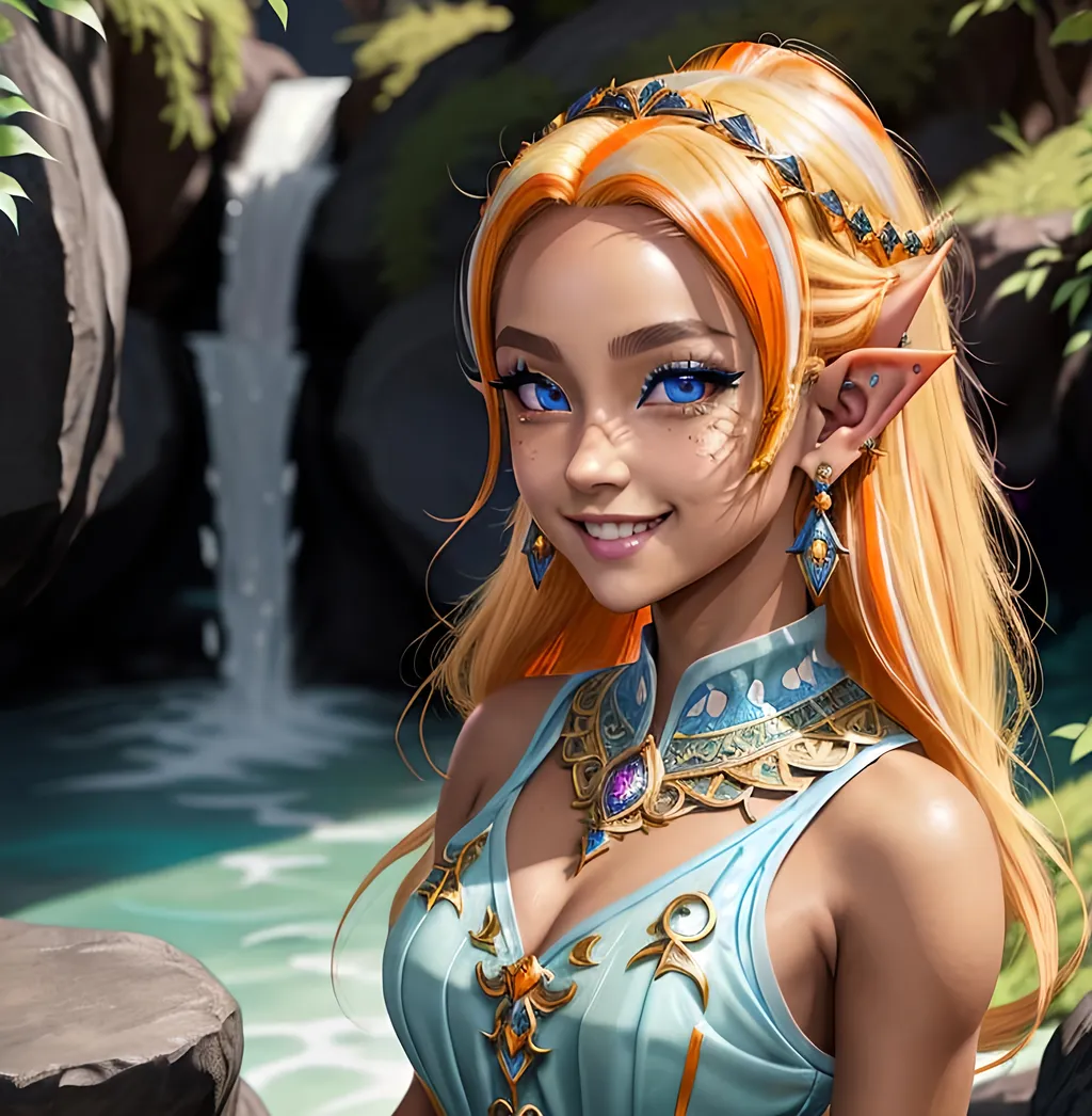 Prompt: masterpiece, splash art, ink painting, beautiful cute pop idol, D&D fantasy, (23 years old) lightly tanned-skinned hobbit girl, ((beautiful detailed face and large eyes)), mischievous grin, blonde with bright orange highlights hair, short small pointed ears, mischievous grin looking at the viewer, wearing intricate detailed light blue princess dress and casting a light spell, intricate hyper detailed hair, intricate hyper detailed eyelashes, intricate hyper detailed shining pupils #3238, UHD, hd , 8k eyes, detailed face, big anime dreamy eyes, 8k eyes, intricate details, insanely detailed, masterpiece, cinematic lighting, 8k, complementary colors, golden ratio, octane render, volumetric lighting, unreal 5, artwork, concept art, cover, top model, light on hair colorful glamourous hyperdetailed, intricate hyperdetailed breathtaking colorful glamorous scenic view landscape, ultra-fine details, hyper-focused, deep colors, dramatic lighting, ambient lighting god rays | by sakimi chan, artgerm, wlop, pixiv, tumblr, instagram, deviantart