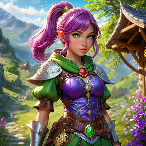 Prompt: Full body, oil painting, D&D fantasy, tanned-skinned-gnome girl, tanned-skinned-female, ((tiny short petite body)), ((beautiful detailed face and glowing anime green eyes)), very cute, determined look, short bright purple hair, ponytail, pointed ears, looking at the viewer, Ranger wearing intricate red and green adventurer's leather, intricate hyper detailed hair, intricate hyper detailed eyelashes, intricate hyper detailed shining pupils #3238, UHD, hd , 8k eyes, detailed face, big anime dreamy eyes, 8k eyes, intricate details, insanely detailed, masterpiece, cinematic lighting, 8k, complementary colors, golden ratio, octane render, volumetric lighting, unreal 5, artwork, concept art, cover, top model, light on hair colorful glamourous hyperdetailed medieval tavern background, intricate hyperdetailed breathtaking colorful glamorous scenic view landscape, ultra-fine details, hyper-focused, deep colors, dramatic lighting, ambient lighting god rays | by sakimi chan, artgerm, wlop, pixiv, tumblr, instagram, deviantart