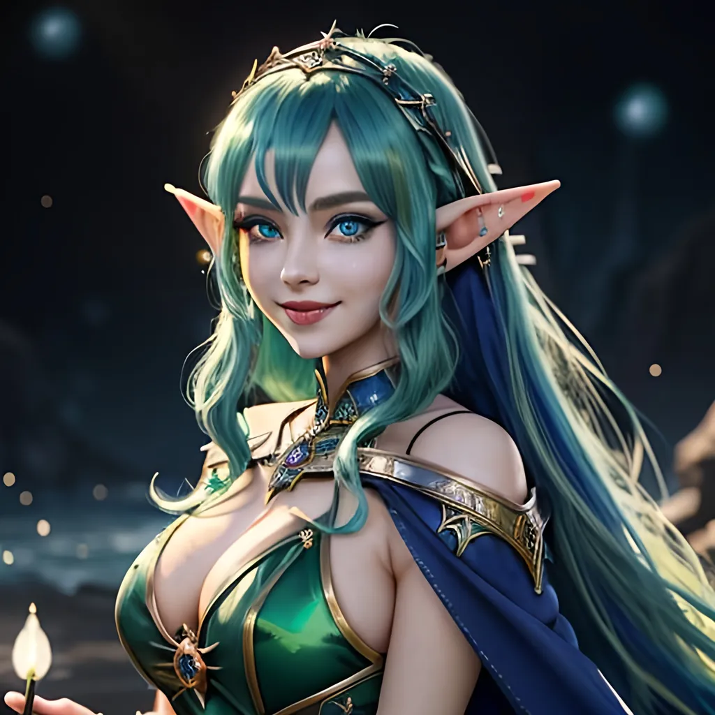 Prompt: masterpiece, splash art, ink painting, beautiful cute pop idol, D&D fantasy, (23 years old) elf girl, ((beautiful detailed face and large eyes)), mischievous grin, bright royal blue with bright green highlights hair, long slender pointed ears, smiling looking at the viewer, wearing light blue sorceress dress and ((an intricate dark blue witches hat)) and casting an elemental holy spell, intricate hyper detailed hair, intricate hyper detailed eyelashes, intricate hyper detailed shining pupils #3238, UHD, hd , 8k eyes, detailed face, big anime dreamy eyes, 8k eyes, intricate details, insanely detailed, masterpiece, cinematic lighting, 8k, complementary colors, golden ratio, octane render, volumetric lighting, unreal 5, artwork, concept art, cover, top model, light on hair colorful glamourous hyperdetailed, intricate hyperdetailed breathtaking colorful glamorous scenic view landscape, ultra-fine details, hyper-focused, deep colors, dramatic lighting, ambient lighting god rays | by sakimi chan, artgerm, wlop, pixiv, tumblr, instagram, deviantart