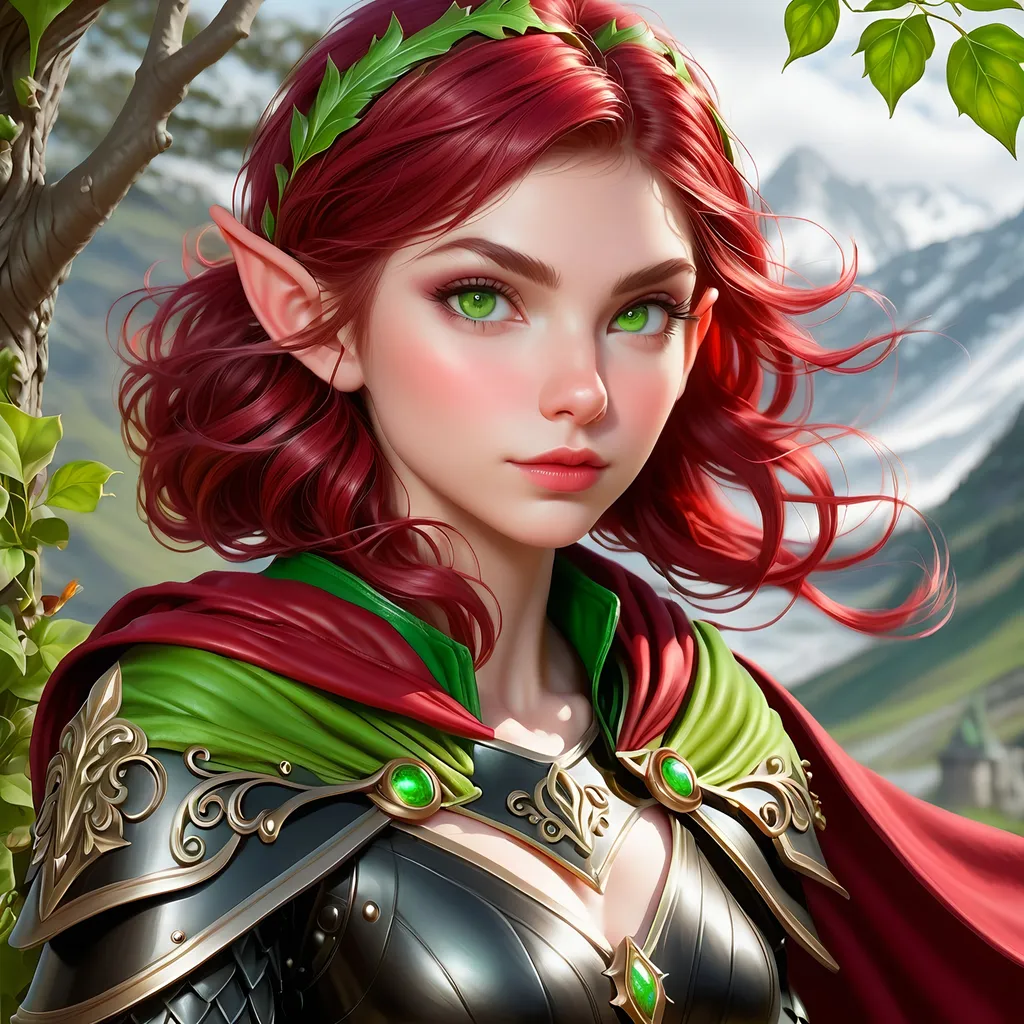 Prompt: Full Body, oil painting, D&D fantasy, very cute, 28 years old gnome female ((fair-skinned-elf girl)) Thief, fair-skinned-female, slender, ((beautiful detailed face and large glowing green eyes)), rosy cheeks and nose, deep ruby red hair in a pixie cut, determined look, small pointed ears, looking at the viewer, intricate detailed shapely ((black)) leather armor and long red cape, intricate hyper detailed hair, intricate hyper detailed eyelashes, intricate hyper detailed shining pupils #3238, UHD, hd , 8k eyes, detailed face, big anime dreamy eyes, 8k eyes, intricate details, insanely detailed, masterpiece, cinematic lighting, 8k, complementary colors, golden ratio, octane render, volumetric lighting, unreal 5, artwork, concept art, cover, top model, light on hair colorful glamourous hyperdetailed tavern, intricate hyperdetailed tavern background, ultra-fine details, hyper-focused, deep colors, dramatic lighting, ambient lighting god rays, | by sakimi chan, artgerm, wlop, pixiv, tumblr, instagram, deviantart