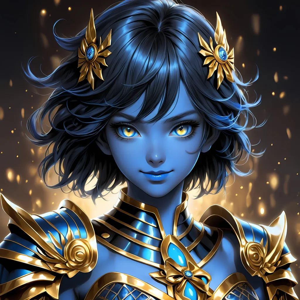 Prompt: Full body visible, oil painting, young 20 years old girl, ((blue-skinned-female, blue-skinned-female)), ((beautiful detailed face and glowing gold anime eyes)), short dark black hair, predatory smile, looking at the viewer, intricate detailed leather armour with a bow, intricate hyper detailed hair, intricate hyper detailed eyelashes, intricate hyper detailed shining pupils, #3238, UHD, hd , 8k eyes, detailed face, big anime dreamy eyes, 8k eyes, intricate details, insanely detailed, masterpiece, cinematic lighting, 8k, complementary colors, golden ratio, octane render, volumetric lighting, unreal 5, artwork, concept art, cover, top model, light on hair colorful glamourous hyperdetailed cave background, intricate hyperdetailed cave background, ultra-fine details, hyper-focused, deep colors, dramatic lighting, ambient lighting | by sakimi chan, artgerm, wlop, pixiv, tumblr, instagram, deviantart