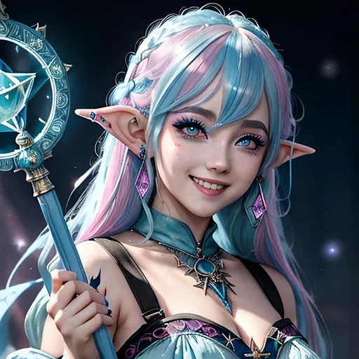 Prompt: masterpiece, splash art, ink painting, beautiful cute pop idol, D&D fantasy, (23 years old) hobbit girl, ((beautiful detailed face and large eyes)), mischievous grin, light blue with bright pink highlights hair, short small pointed ears, smiling looking at the viewer, wearing intricate detailed light blue sorceress dress and an intricate dark blue witches hat and casting an ice spell, intricate hyper detailed hair, intricate hyper detailed eyelashes, intricate hyper detailed shining pupils #3238, UHD, hd , 8k eyes, detailed face, big anime dreamy eyes, 8k eyes, intricate details, insanely detailed, masterpiece, cinematic lighting, 8k, complementary colors, golden ratio, octane render, volumetric lighting, unreal 5, artwork, concept art, cover, top model, light on hair colorful glamourous hyperdetailed, intricate hyperdetailed breathtaking colorful glamorous scenic view landscape, ultra-fine details, hyper-focused, deep colors, dramatic lighting, ambient lighting god rays | by sakimi chan, artgerm, wlop, pixiv, tumblr, instagram, deviantart
