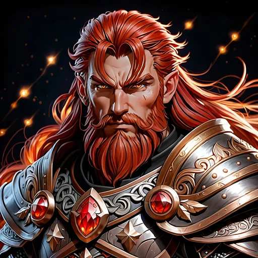 Prompt: Full body visible, oil painting, D&D fantasy, older years old ((Male)) dwarven cleric, ((dwarven rugged older detailed face and hazel anime eyes)), ((Short, stocky, broad shoulders)), long straight light fiery red hair, long red Dwarven beard, short pointed ears, determined look, looking at the viewer, intricate detailed black magical armor, intricate hyper detailed hair, intricate hyper detailed eyelashes, intricate hyper detailed shining pupils, #3238, UHD, hd , 8k eyes, detailed face, big anime dreamy eyes, 8k eyes, intricate details, insanely detailed, masterpiece, cinematic lighting, 8k, complementary colors, golden ratio, octane render, volumetric lighting, unreal 5, artwork, concept art, cover, top model, light on hair colorful glamourous hyperdetailed plains battlefield background, intricate hyperdetailed plains battlefield background, ultra-fine details, hyper-focused, deep colors, dramatic lighting, ambient lighting | by sakimi chan, artgerm, wlop, pixiv, tumblr, instagram, deviantart
