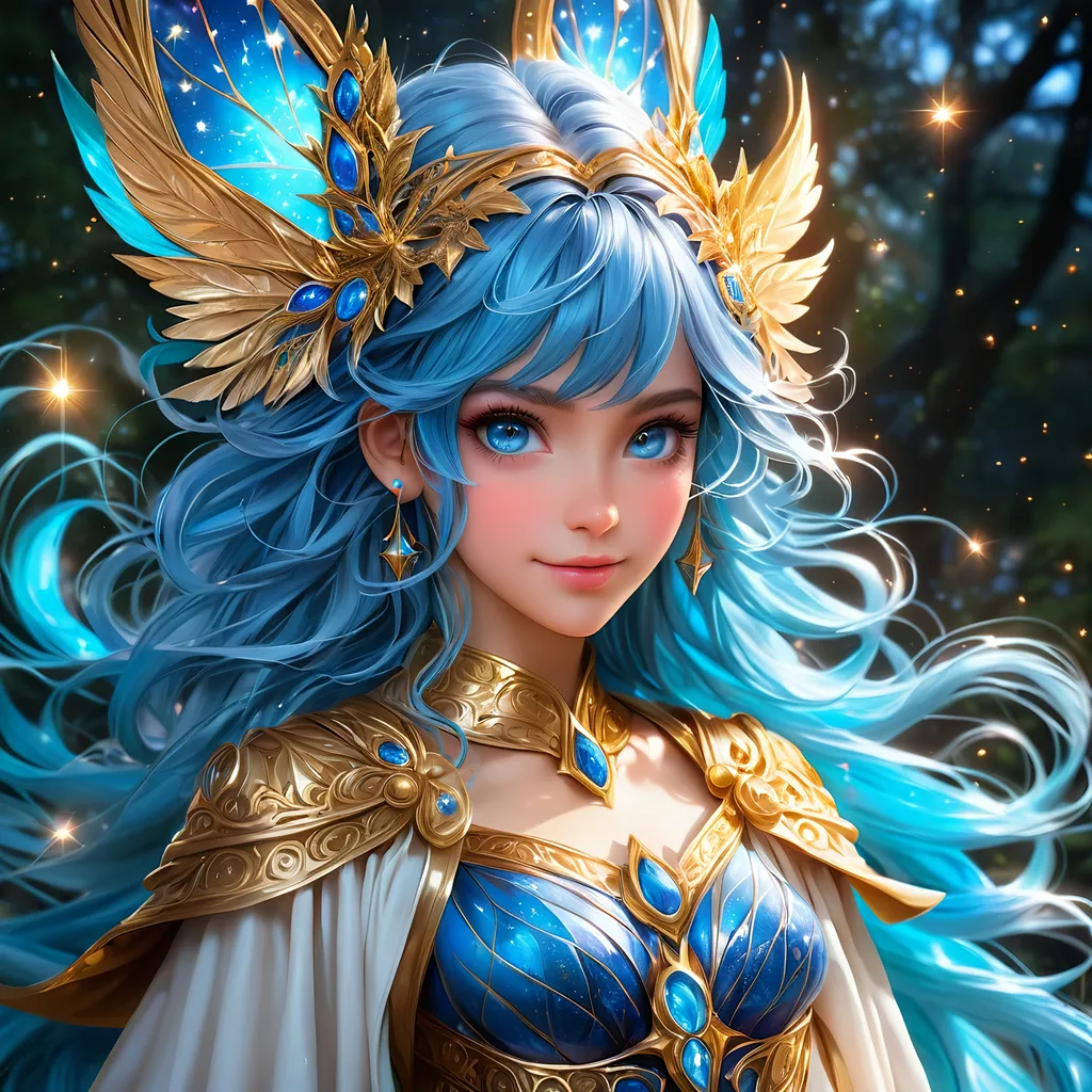 Prompt: Full body, oil painting, fantasy, Pixie girl, tanned-skinned-female, ((beautiful detailed face and glowing blue anime eyes)), bright blue hair, straight hair, rosy cheeks, smiling, looking at the viewer, Elemental sorceress wearing intricate detailed robes casting a spell, intricate hyper detailed hair, intricate hyper detailed eyelashes, intricate hyper detailed shining pupils #3238, UHD, hd , 8k eyes, detailed face, big anime dreamy eyes, 8k eyes, intricate details, insanely detailed, masterpiece, cinematic lighting, 8k, complementary colors, golden ratio, octane render, volumetric lighting, unreal 5, artwork, concept art, cover, top model, light on hair colorful glamourous hyperdetailed forest background at night with stars, intricate hyperdetailed breathtaking colorful glamorous scenic view landscape, ultra-fine details, hyper-focused, deep colors, dramatic lighting, ambient lighting god rays, | by sakimi chan, artgerm, wlop, pixiv, tumblr, instagram, deviantart