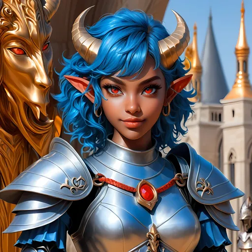 Prompt: Full body visible, oil painting, D&D Fantasy, young 20 years old Tiefling Female, ((Fully blue-skinned-female, blue-skinned-female)), Cleric, ((Beautiful detailed face and Red anime eyes)), Tiefling horns)), short tousled Orange hair, Rogueish grin, looking at the viewer, Classic cleric chain mail armour praying in front of a statue, intricate hyper detailed hair, intricate hyper detailed eyelashes, intricate hyper detailed shining pupils, #3238, UHD, hd , 8k eyes, detailed face, big anime dreamy eyes, 8k eyes, intricate details, insanely detailed, masterpiece, cinematic lighting, 8k, complementary colors, golden ratio, octane render, volumetric lighting, unreal 5, artwork, concept art, cover, top model, light on hair colorful glamourous hyperdetailed temple background, intricate hyperdetailed temple background, ultra-fine details, hyper-focused, deep colors, dramatic lighting, ambient lighting | by sakimi chan, artgerm, wlop, pixiv, tumblr, instagram, deviantart