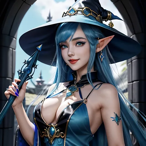 Prompt: masterpiece, splash art, ink painting, beautiful cute pop idol, D&D fantasy, (21years old) elf girl, ((beautiful detailed face and large eyes)), mischievous grin, bright royal blue hair, long slender pointed ears, smiling looking at the viewer, wearing light blue sorceress dress and ((an intricate dark blue witches hat)) and casting an elemental holy spell, cosmic background, intricate hyper detailed hair, intricate hyper detailed eyelashes, intricate hyper detailed shining pupils #3238, UHD, hd , 8k eyes, detailed face, big anime dreamy eyes, 8k eyes, intricate details, insanely detailed, masterpiece, cinematic lighting, 8k, complementary colors, golden ratio, octane render, volumetric lighting, unreal 5, artwork, concept art, cover, top model, light on hair colorful glamourous hyperdetailed, intricate hyperdetailed breathtaking colorful glamorous scenic view landscape, ultra-fine details, hyper-focused, deep colors, dramatic lighting, ambient lighting god rays | by sakimi chan, artgerm, wlop, pixiv, tumblr, instagram, deviantart
