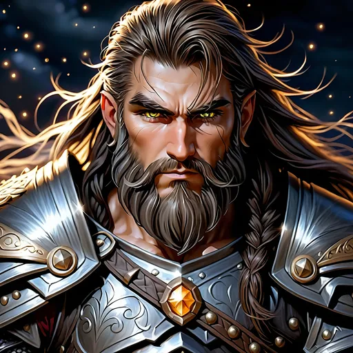 Prompt: Full body visible, oil painting, D&D fantasy, older years old ((Male)) dwarf, ((dwarf build, rugged older detailed face and hazel anime eyes)), ((Short, stocky, broad shoulders)), long braided dark hair, long braided dark Dwarven beard, short pointed ears, determined look, looking at the viewer, intricate detailed black magical armor, intricate hyper detailed hair, intricate hyper detailed eyelashes, intricate hyper detailed shining pupils, #3238, UHD, hd , 8k eyes, detailed face, big anime dreamy eyes, 8k eyes, intricate details, insanely detailed, masterpiece, cinematic lighting, 8k, complementary colors, golden ratio, octane render, volumetric lighting, unreal 5, artwork, concept art, cover, top model, light on hair colorful glamourous hyperdetailed plains battlefield background, intricate hyperdetailed plains battlefield background, ultra-fine details, hyper-focused, deep colors, dramatic lighting, ambient lighting | by sakimi chan, artgerm, wlop, pixiv, tumblr, instagram, deviantart