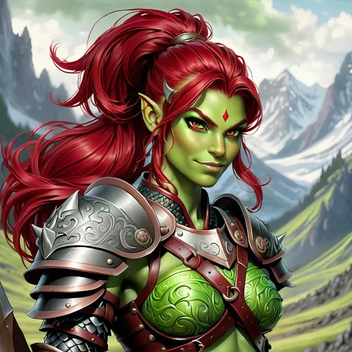 Prompt: Full Body, oil painting, D&D fantasy, very cute, 28 years old orc female ((green-skinned-orc girl)) Warrior, green-skinned-female, ((beautiful detailed face and large glowing red eyes)), rosy cheeks and nose, deep fiery red hair in a ponytail cut, Wry grin, small pointed ears, ((large tusks)), looking at the viewer, intricate detailed shapely ((black leather armor)), intricate hyper detailed hair, intricate hyper detailed eyelashes, intricate hyper detailed shining pupils #3238, UHD, hd , 8k eyes, detailed face, big anime dreamy eyes, 8k eyes, intricate details, insanely detailed, masterpiece, cinematic lighting, 8k, complementary colors, golden ratio, octane render, volumetric lighting, unreal 5, artwork, concept art, cover, top model, light on hair colorful glamourous hyperdetailed tavern, intricate hyperdetailed tavern background, ultra-fine details, hyper-focused, deep colors, dramatic lighting, ambient lighting god rays, | by sakimi chan, artgerm, wlop, pixiv, tumblr, instagram, deviantart