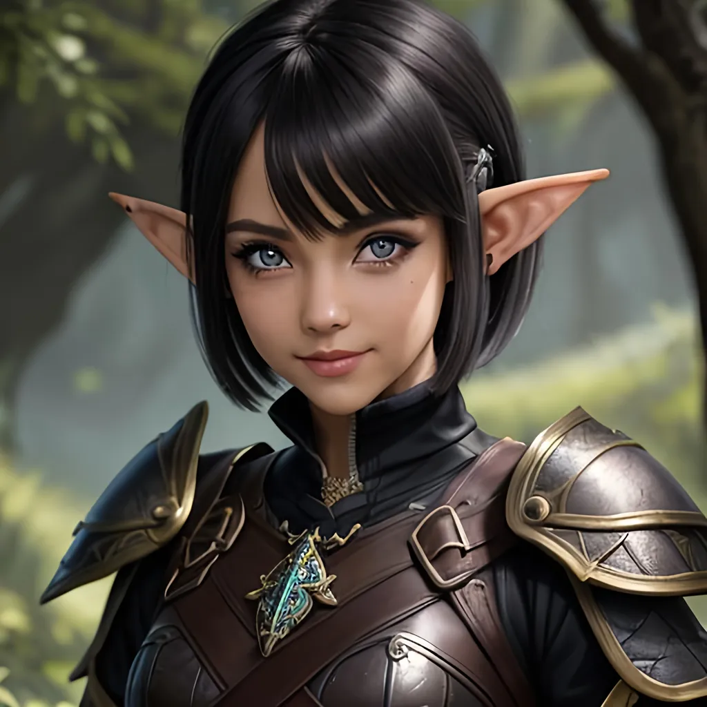 Prompt: masterpiece, splash art, ink painting, beautiful pop idol, D&D fantasy, (23 years old) lightly tanned-skinned hobbit girl, ((beautiful detailed face and large eyes)), mischievous grin, dark pixie cut hair, short small pointed ears, serious expression looking at the viewer, wearing detailed leather armor and wielding a dagger #3238, UHD, hd , 8k eyes, detailed face, big anime dreamy eyes, 8k eyes, intricate details, insanely detailed, masterpiece, cinematic lighting, 8k, complementary colors, golden ratio, octane render, volumetric lighting, unreal 5, artwork, concept art, cover, top model, light on hair colorful glamourous hyperdetailed medieval city background, intricate hyperdetailed breathtaking colorful glamorous scenic view landscape, ultra-fine details, hyper-focused, deep colors, dramatic lighting, ambient lighting god rays, flowers, garden | by sakimi chan, artgerm, wlop, pixiv, tumblr, instagram, deviantart