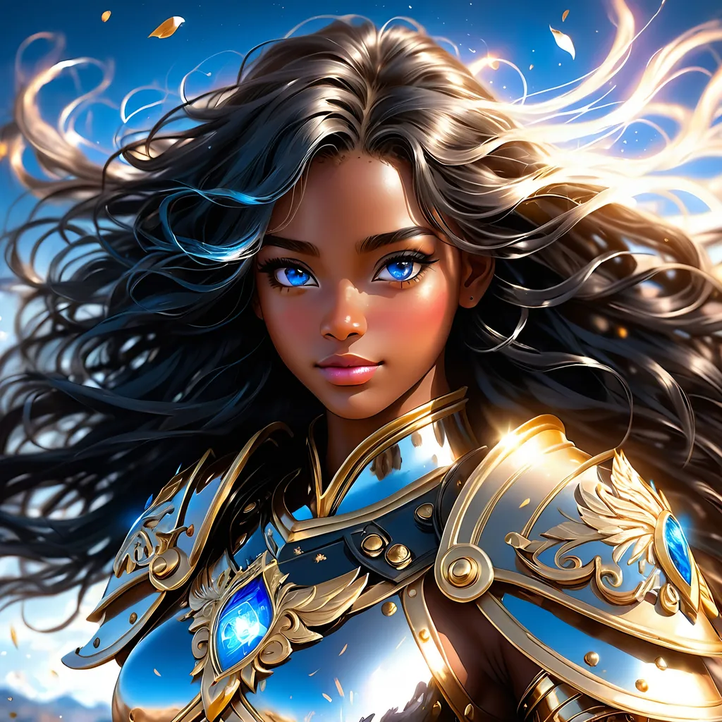 Prompt: Full body visible, oil painting, young 22 years old Human black girl, black-skinned-female, ((beautiful detailed face and glowing anime blue eyes)), long black hair, rosy cheeks, sly grin, looking at the viewer, Paladin wearing full plate armor, raising her holy sword to the sky, intricate hyper detailed hair, intricate hyper detailed eyelashes, intricate hyper detailed shining pupils, #3238, UHD, hd , 8k eyes, detailed face, big anime dreamy eyes, 8k eyes, intricate details, insanely detailed, masterpiece, cinematic lighting, 8k, complementary colors, golden ratio, octane render, volumetric lighting, unreal 5, artwork, concept art, cover, top model, light on hair colorful glamourous hyperdetailed ((Battlefield)) background, intricate hyperdetailed battlefield, ultra-fine details, hyper-focused, deep colors, dramatic lighting, ambient lighting god rays | by sakimi chan, artgerm, wlop, pixiv, tumblr, instagram, deviantart