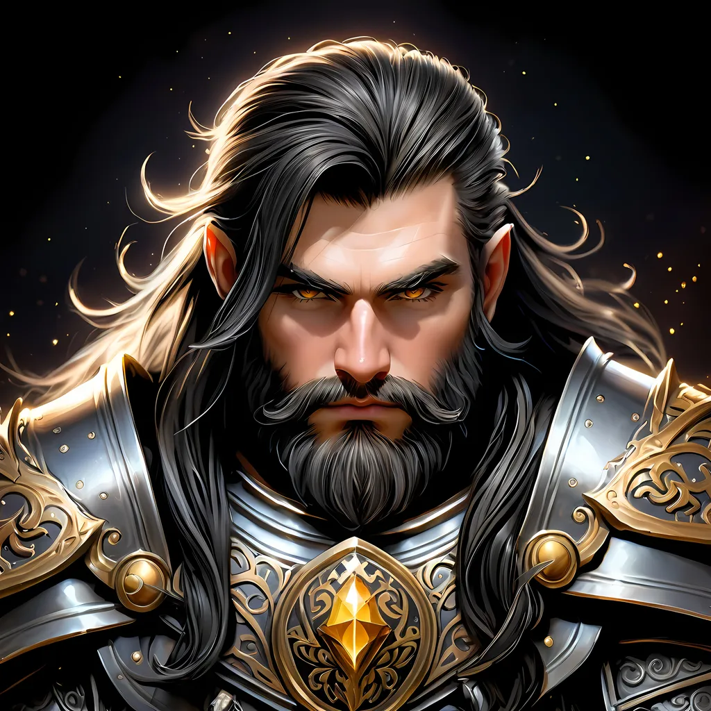 Prompt: Full body visible, oil painting, D&D fantasy, older years old ((Male)) Gold Dwarf, ((Stocky dwarf build, rugged older detailed face and hazel eyes)), Cleric, ((Short, stocky, slightly chubby, broad shoulders)), long straight black hair, long bushy black Dwarven beard, short pointed ears, determined look, looking at the viewer, intricate detailed black magical armour and using a large metal shield, intricate hyper detailed hair, intricate hyper detailed eyelashes, intricate hyper detailed shining pupils, #3238, UHD, hd , 8k eyes, detailed face, big anime dreamy eyes, 8k eyes, intricate details, insanely detailed, masterpiece, cinematic lighting, 8k, complementary colors, golden ratio, octane render, volumetric lighting, unreal 5, artwork, concept art, cover, top model, light on hair colorful glamourous hyperdetailed underground tunnel background, intricate hyperdetailed underground tunnel background, ultra-fine details, hyper-focused, deep colors, dramatic lighting, ambient lighting | by sakimi chan, artgerm, wlop, pixiv, tumblr, instagram, deviantart