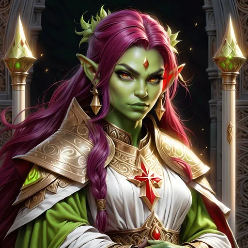 Prompt: Full Body, oil painting, D&D fantasy, very cute, 28 years old orc female ((green-skinned-orc girl)) Cleric, green-skinned-female, ((beautiful detailed face and large glowing red eyes)), Pious, rosy cheeks and nose,  long rich purple hair, praying, small pointed ears, ((large tusks)), praying, intricate detailed shapely ((white and gold priest robes)), intricate hyper detailed hair, intricate hyper detailed eyelashes, intricate hyper detailed shining pupils #3238, UHD, hd , 8k eyes, detailed face, big anime dreamy eyes, 8k eyes, intricate details, insanely detailed, masterpiece, cinematic lighting, 8k, complementary colors, golden ratio, octane render, volumetric lighting, unreal 5, artwork, concept art, cover, top model, light on hair colorful glamourous hyperdetailed temple background, intricate hyperdetailed temple background, ultra-fine details, hyper-focused, deep colors, dramatic lighting, ambient lighting god rays, | by sakimi chan, artgerm, wlop, pixiv, tumblr, instagram, deviantart