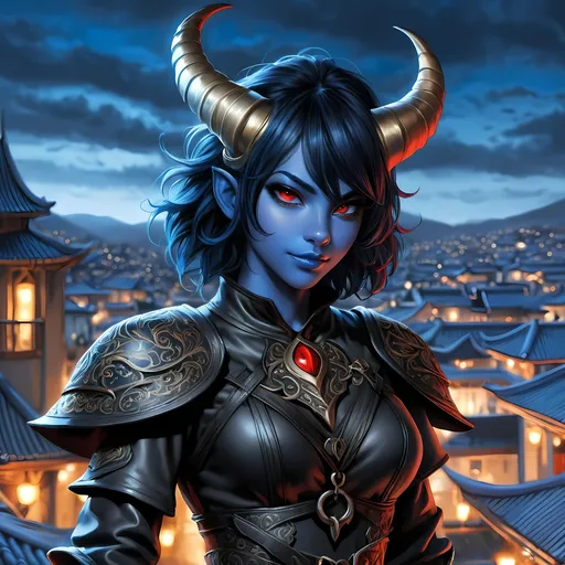 Prompt: Full body visible, oil painting, D&D Fantasy, young 20 years old Tiefling Female, ((Fully blue-skinned-female, blue-skinned-female)), Thief, ((Beautiful detailed face and Red anime eyes)), Tiefling horns)), short tousled black hair, Rogueish grin, looking at the viewer, Black sleek leather clothing wielding an intricate dagger on a rooftop at night, intricate hyper detailed hair, intricate hyper detailed eyelashes, intricate hyper detailed shining pupils, #3238, UHD, hd , 8k eyes, detailed face, big anime dreamy eyes, 8k eyes, intricate details, insanely detailed, masterpiece, cinematic lighting, 8k, complementary colors, golden ratio, octane render, volumetric lighting, unreal 5, artwork, concept art, cover, top model, light on hair colorful glamourous hyperdetailed rooftop at night background, intricate hyperdetailed rooftop at night background, ultra-fine details, hyper-focused, deep colors, dramatic lighting, ambient lighting | by sakimi chan, artgerm, wlop, pixiv, tumblr, instagram, deviantart