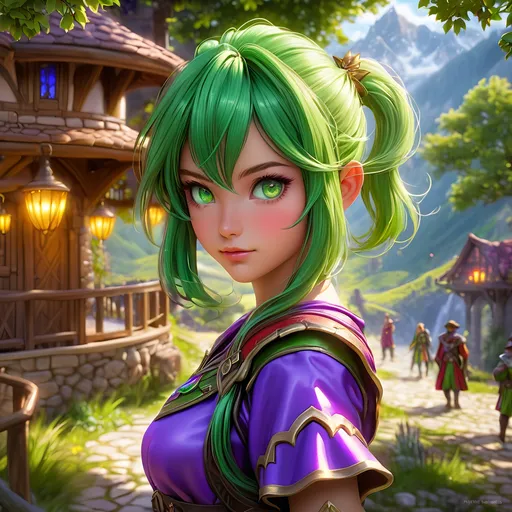 Prompt: Full body, oil painting, D&D fantasy, tanned-skinned-gnome girl, tanned-skinned-female, ((tiny short petite body)), ((beautiful detailed face and glowing anime green eyes)), very cute, determined look, short bright purple hair, ponytail, pointed ears, looking at the viewer, Ranger wearing intricate red and green adventurer's leather, intricate hyper detailed hair, intricate hyper detailed eyelashes, intricate hyper detailed shining pupils #3238, UHD, hd , 8k eyes, detailed face, big anime dreamy eyes, 8k eyes, intricate details, insanely detailed, masterpiece, cinematic lighting, 8k, complementary colors, golden ratio, octane render, volumetric lighting, unreal 5, artwork, concept art, cover, top model, light on hair colorful glamourous hyperdetailed medieval tavern background, intricate hyperdetailed breathtaking colorful glamorous scenic view landscape, ultra-fine details, hyper-focused, deep colors, dramatic lighting, ambient lighting god rays | by sakimi chan, artgerm, wlop, pixiv, tumblr, instagram, deviantart