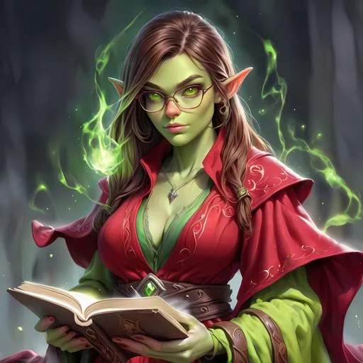 Prompt: Full Body, oil painting, D&D fantasy, very cute, 22 years old half-orc female ((green-skinned-half orc girl)) Wizard, green-skinned-female, ((beautiful detailed face and large glowing brown eyes)), Glasses, long rich brown hair, small short pointed ears, ((large tusks)), Determined and concentrating while reading a spell book, intricate detailed shapely ((Red Wizard robes)), intricate hyper detailed hair, intricate hyper detailed eyelashes, intricate hyper detailed shining pupils #3238, UHD, hd , 8k eyes, detailed face, big anime dreamy eyes, 8k eyes, intricate details, insanely detailed, masterpiece, cinematic lighting, 8k, complementary colors, golden ratio, octane render, volumetric lighting, unreal 5, artwork, concept art, cover, top model, light on hair colorful glamourous hyperdetailed  inside a Wizard tower background, intricate hyperdetailed inside of a Wizard tower background, ultra-fine details, hyper-focused, deep colors, dramatic lighting, ambient lighting god rays, | by sakimi chan, artgerm, wlop, pixiv, tumblr, instagram, deviantart